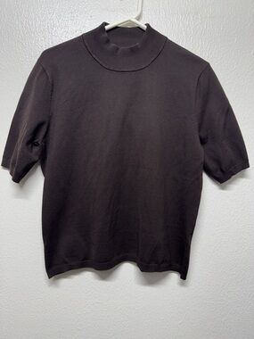 David Brooks Ribbed Mock Neck Top - Chocolate Brown